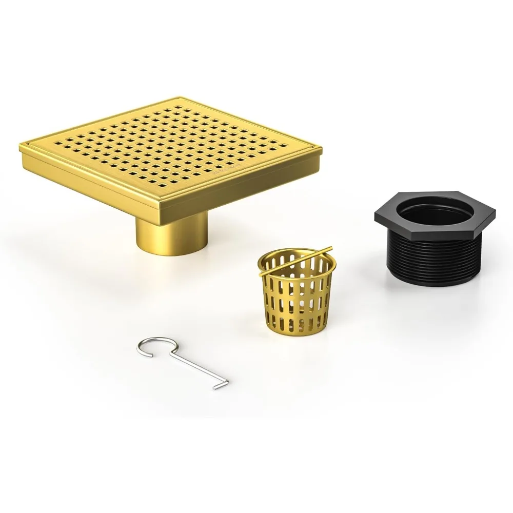 

Six Inch Square Stainless Steel Shower Floor Drain with Hair Catcher Brushed Gold Finish