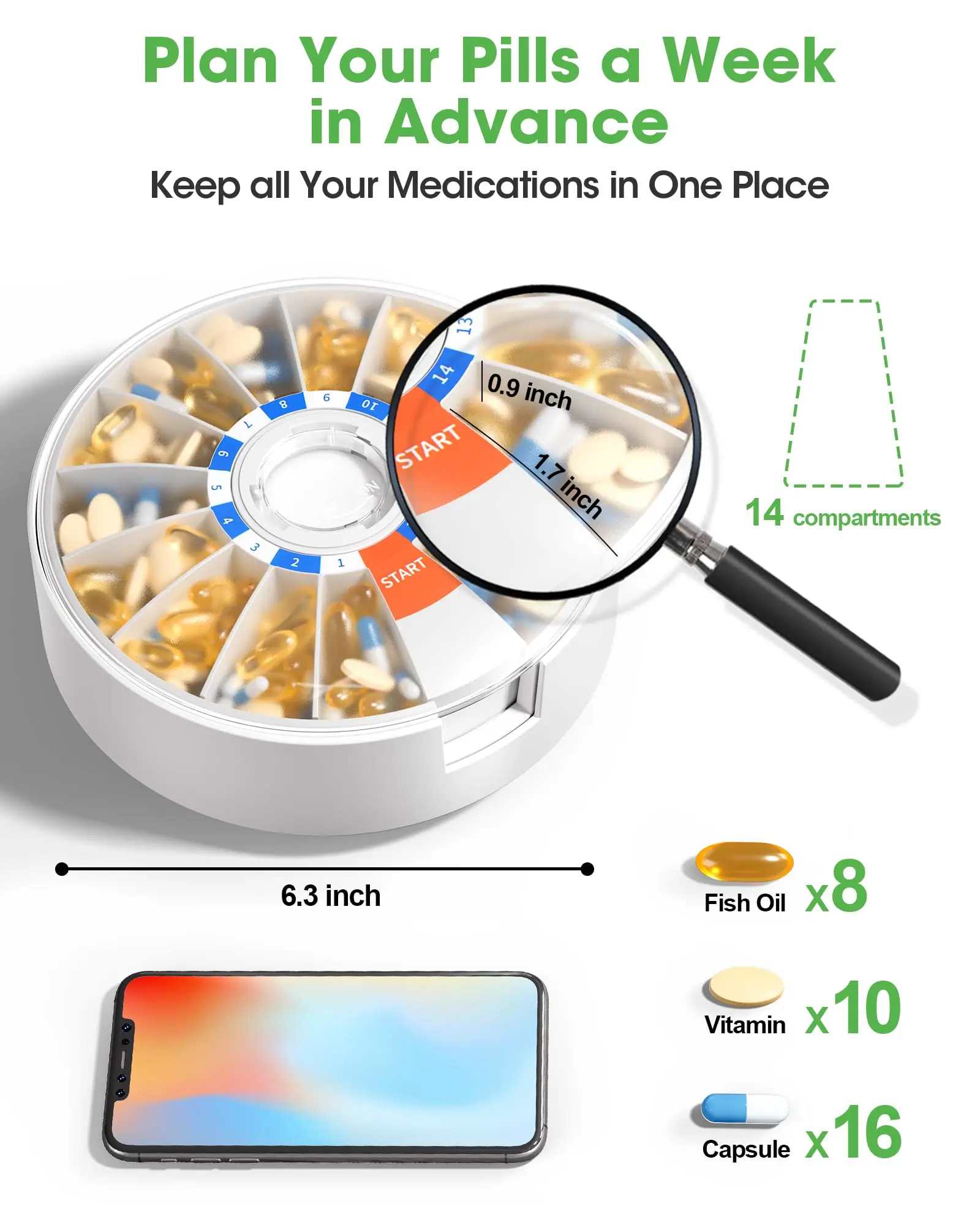 14 Days Large Pill Organizer, Pill Dispenser Dailywith Wall-Mounted or Standing Use Airtight and Moisture-proof for Seniors