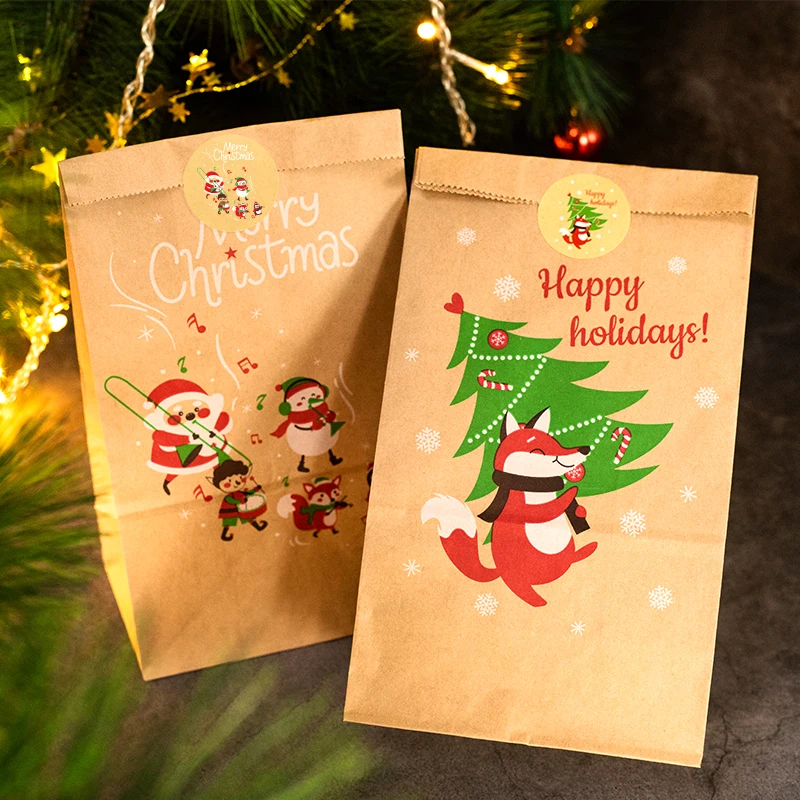 24 Sets Vintage Weihnachtsgeschenktüten Weihnachtsmann Schneemann Kraftpapiertüte mit Aufklebern Urlaub Weihnachten Partybevorzugung Verpackungszubehör – Detail 4