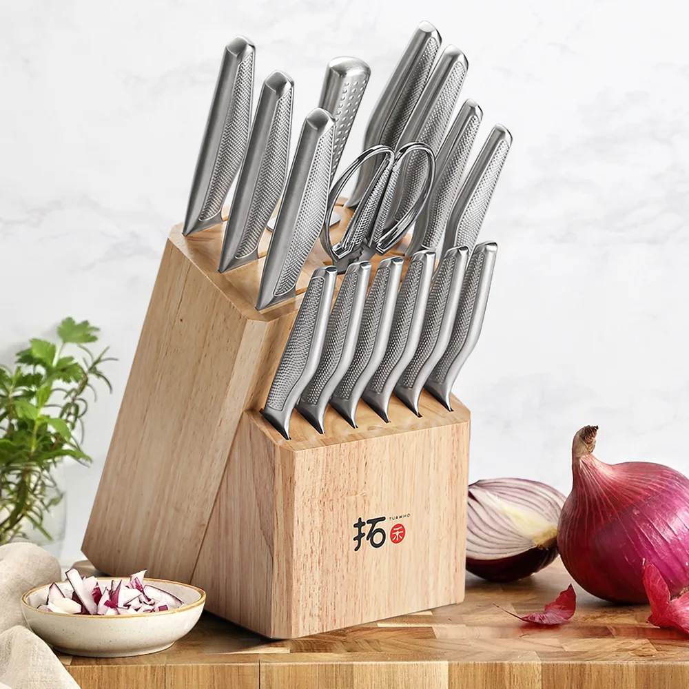 TURWHO Knife Stand Acacia Solid Wood For 15PCS Kitchen Knives Set Scissors Sharpening Rod Holder Knife Block Shelf Storage Tools