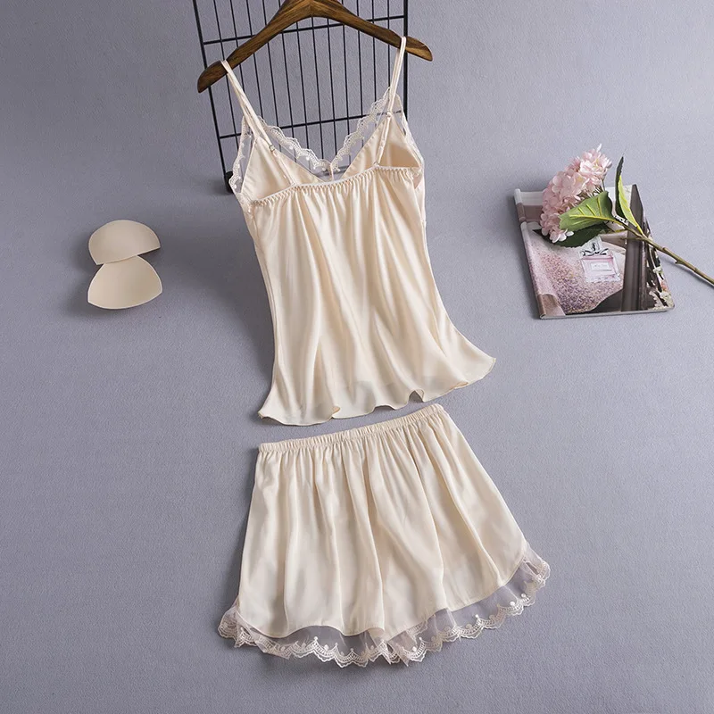 Summer New 2pcs Pyjamas Home Clothes Women Sexy Strap Top&shorts Pajamas Suit Satin Nightwear Causal Sleep Set Intimate Lingerie