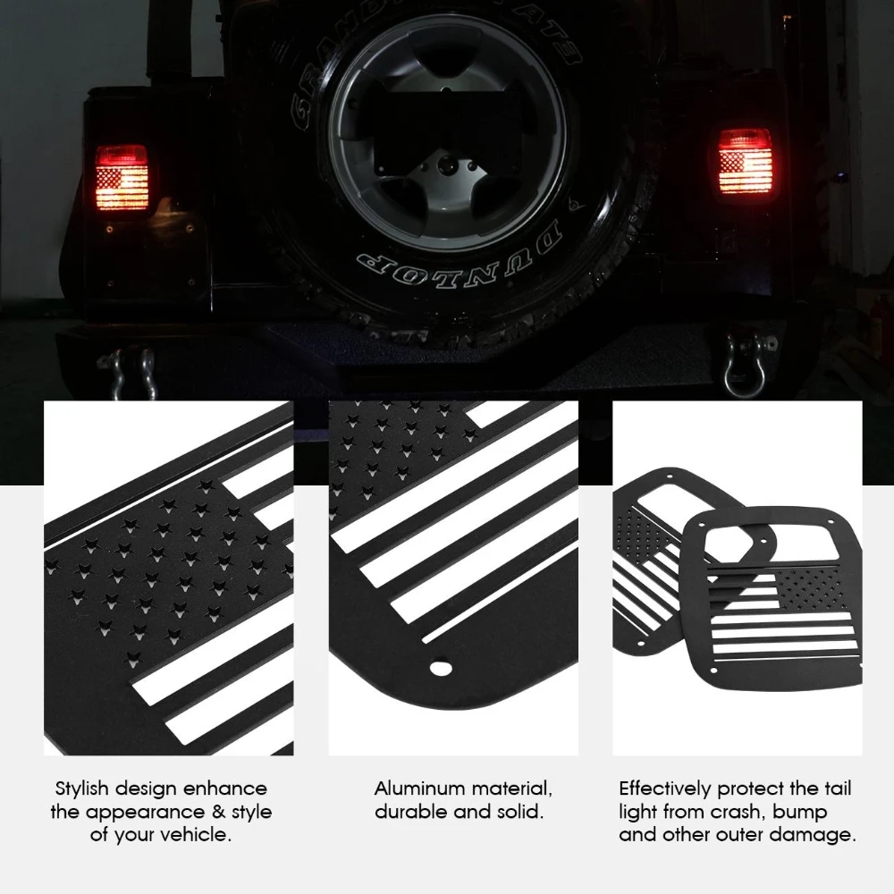 For Jeep Wrangler TJ YJ 1987-2006 Tail Lght Cover Frame Rear Lamp Hood Aluminum Protector Guard Shell U.S. Flag Shape Hollow Out