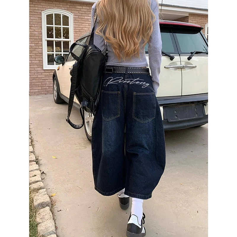 

Blue Womens Jeans High Waist Vintage Design Hip Hop Straight Baggy Denim Pants Street Y2K American Style Wide Leg Denim Trouser
