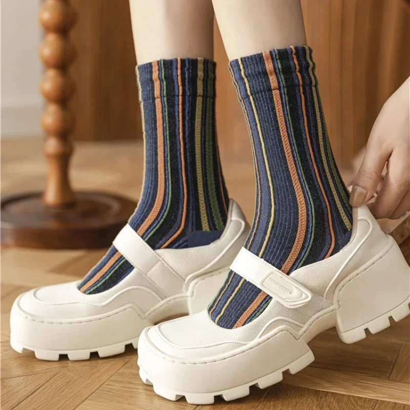 Multicolor Striped Women Socks Ethnic Japanese Fashion Cotton Middle Tubes Socks Vintage Streetwear Casual Long Socks Retro 2025