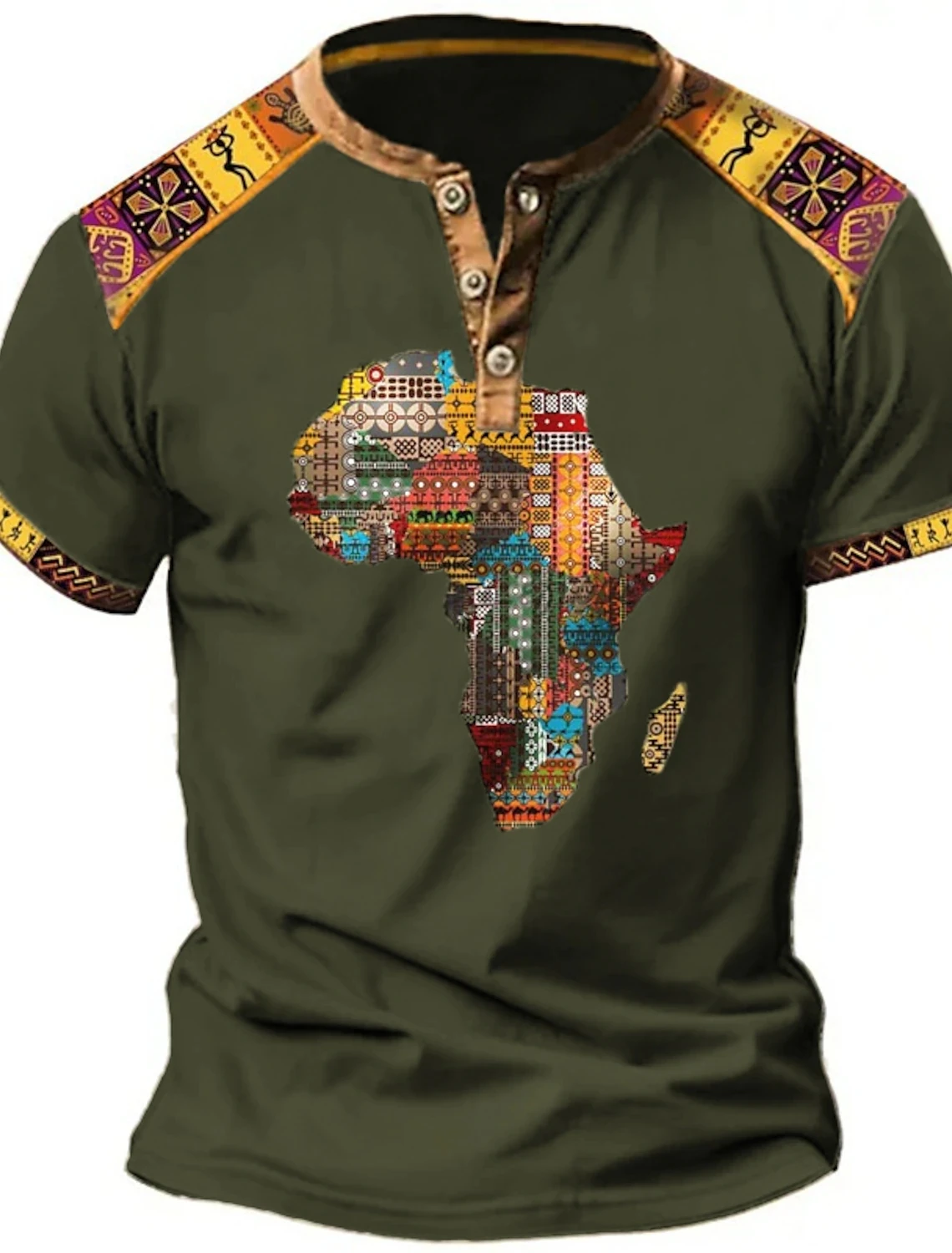 Vintage Men\'s T Shirt Africa Global 3D Printed T Shirt V Neck Button Oversized Short Sleeve Outdoor Streetwear Tops Clothing