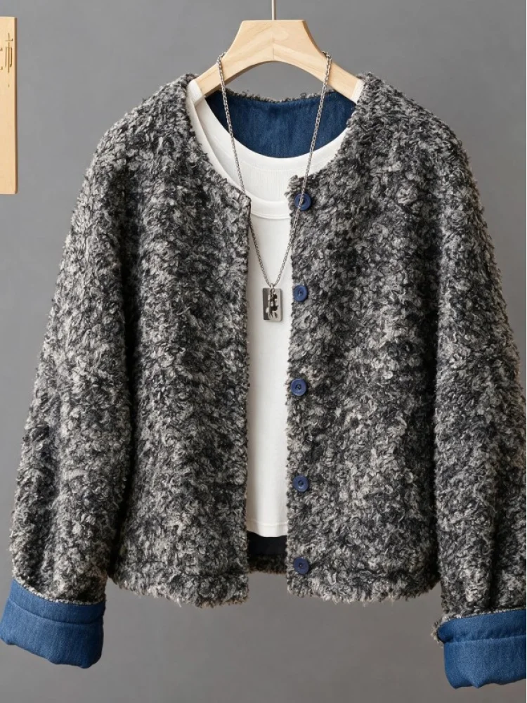 Lamb Fur Jacket Women's Thickened Cotton Lined Oversized Short Style Warm Casual Outerwear Stylish Spring Autumn Coat