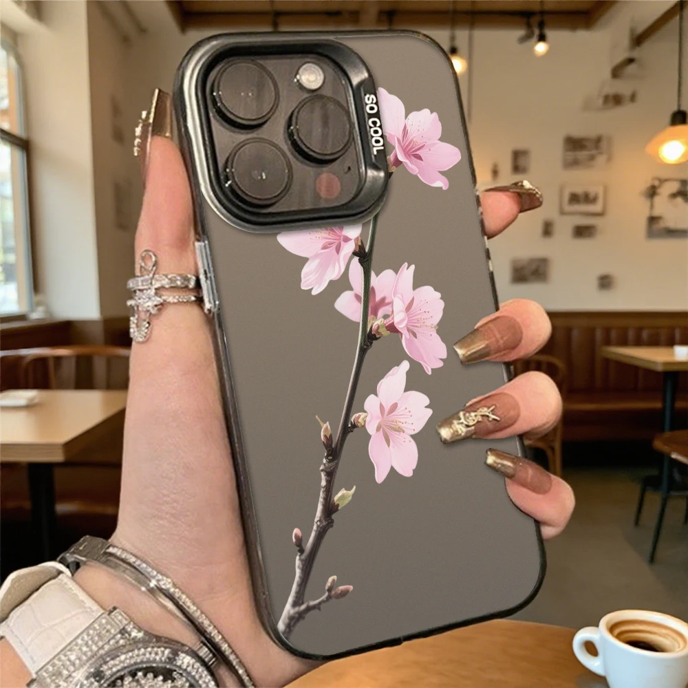 Розовый чехол для телефона с веткой вишни для Iphone 16, 15, 14, 13, 12, 11 Pro Max/мини, противоударный, устойчивый к царапинам, твердый чехол премиум-класса