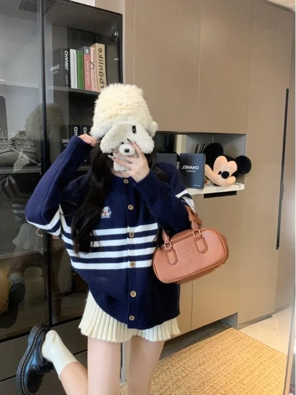 

Корейский повседневный полосатый кардиган с мультяшной вышивкой, женский свободный вязаный свитер для похудения, осенняя новинка