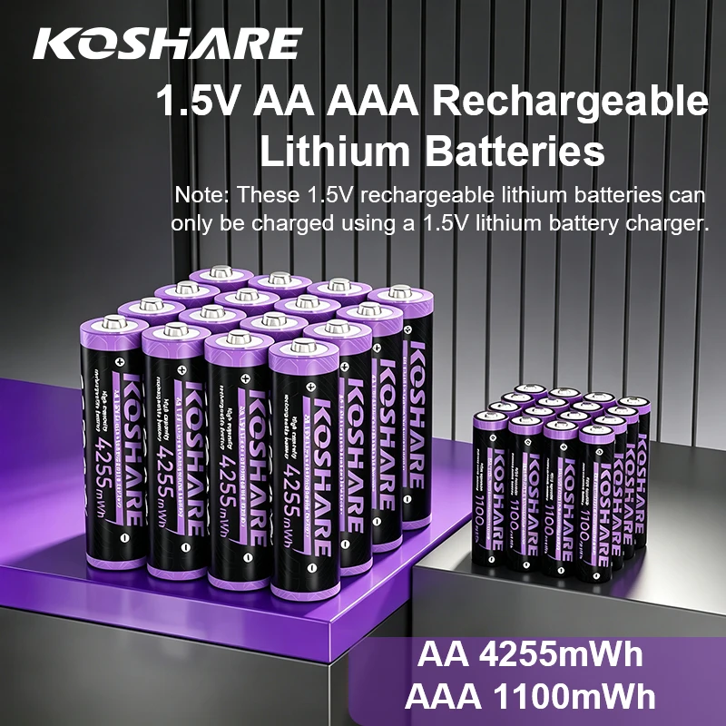 KOSHARE 1.5V AA AAA Rechargeable Batteries 4255mWh 1100mWh Long-Lasting Lithium Battery For Flashlight Wirless Mouse Alarm Clock