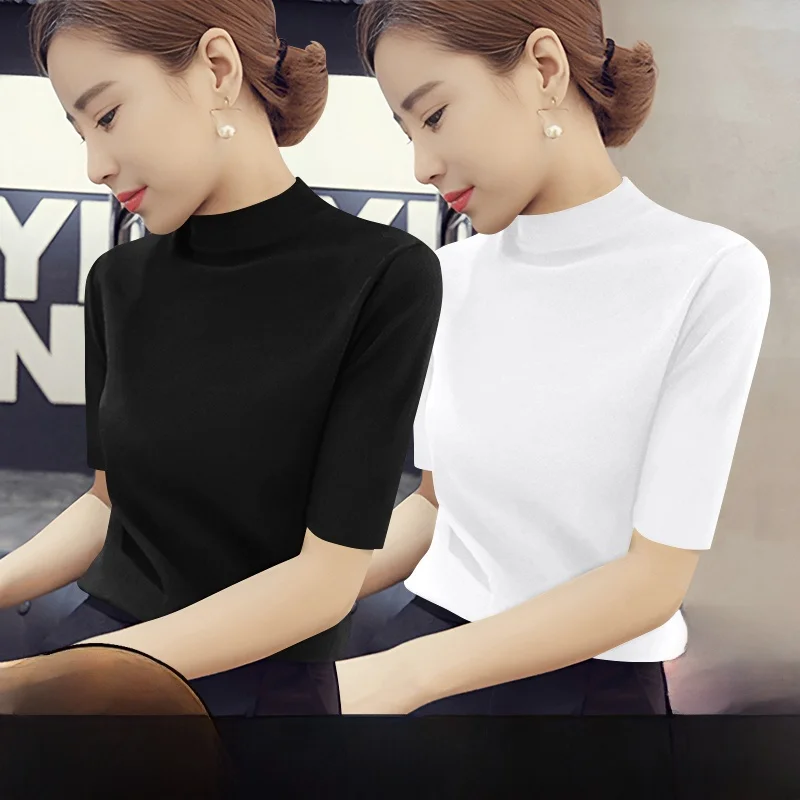 Spring Summer Women's Short Sleeve T-Shirt Half High Collar Ribbed Base Shirt Inner Wear Top Fashionable Korean Style Commute