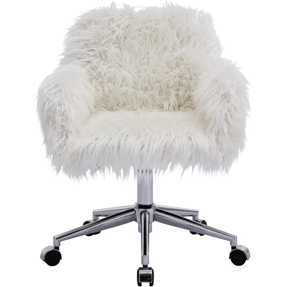 Fluffy Desk Chair, Faux Fur Furry Home Office Chair, Fuzzy Swivel Armchair with Wheels, Height Adjustable Silver Base for Girls,