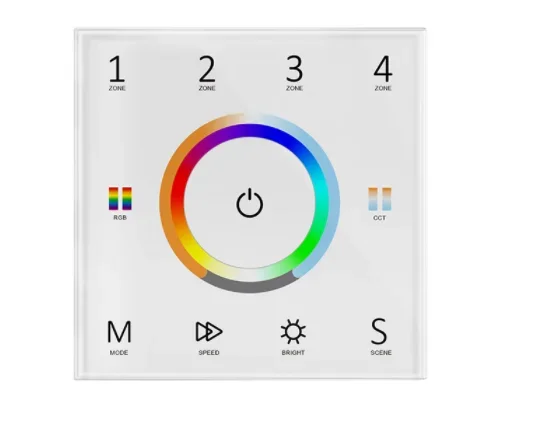 4 Zones Wall Touch Panel 5 IN 1 DMX Master Controller 110-220VAC 2.4G RF Glass Dimmer For Single Color/CCT/RGB/RGBW/RGB+CCT Tape