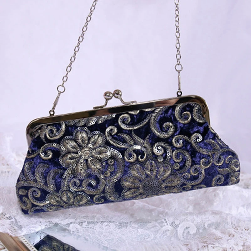 Vintage Embroidered Flower Evening Clutch Handbags for Women 2024 Chain Shoulder Messenger Bags Lady Wedding Party Sequins Purse