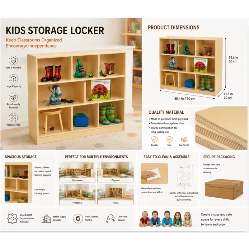 Wooden Locker for Kids Montessori Bookshelf Toy Storage Cabinet Preschool Kindergarten Furniture
