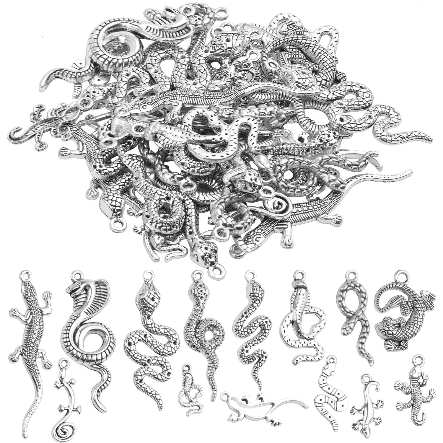 

100g (About 25-40pcs) Antique Silver Snake Charms Assorted Serpent Pendants Lizard Charms Jewelry for Bracelet Necklace Earring