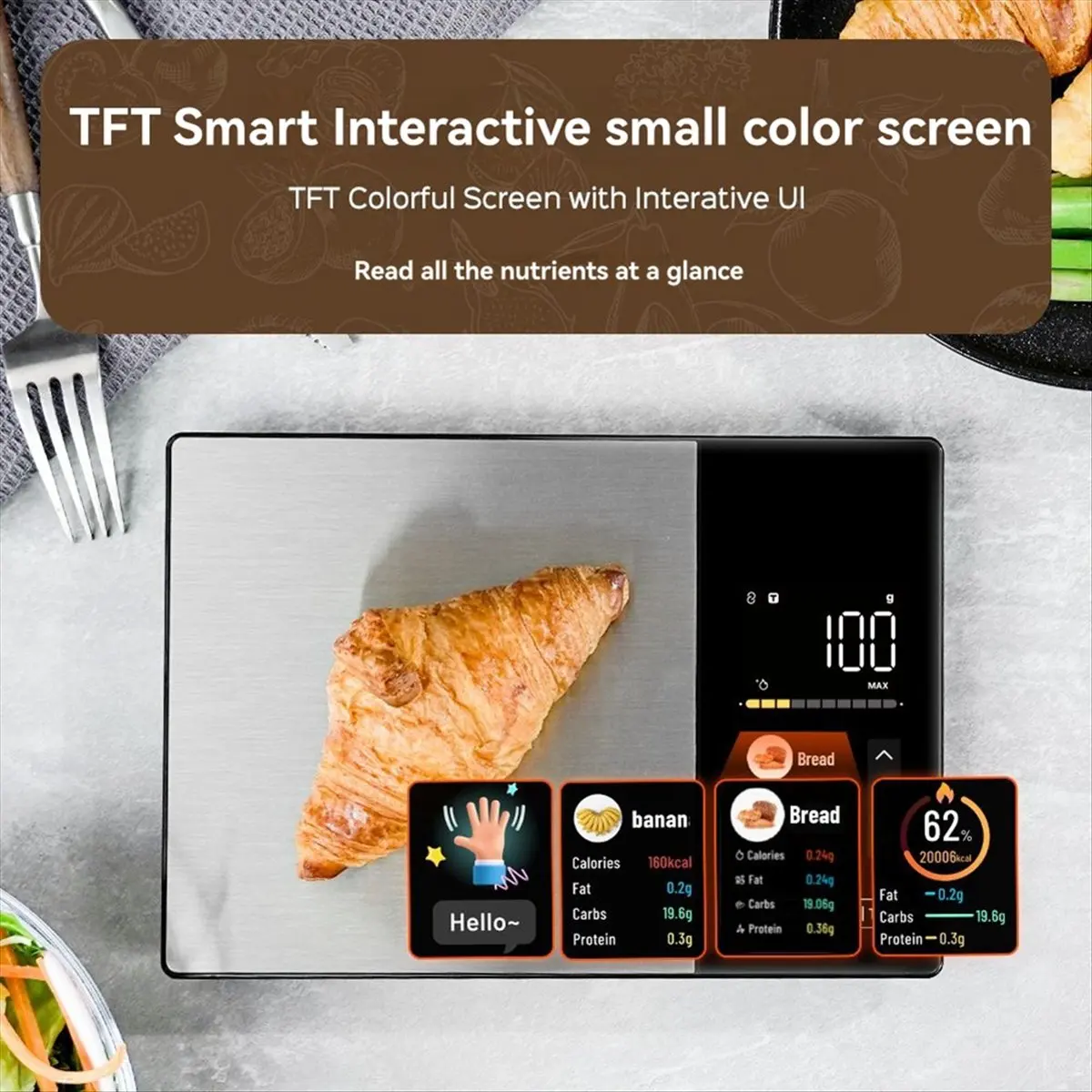 A67T NEW Kitchen Scale Stainless Steel Food Calorie Protein Fat Carbs Nutritional Calculator 11LB/5kg Weight for Healthy