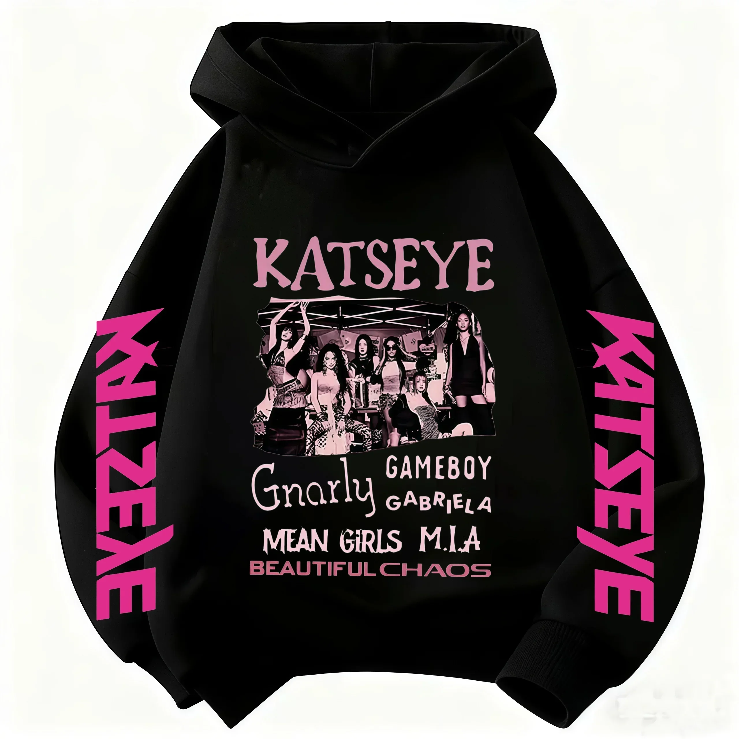 KATSEYE Beautiful Chaos Hoodie Sweatshirt Portrait Pink Text Print Long Sleeve Hooded Tops Fan Streetwear Autumn Winter Clothes