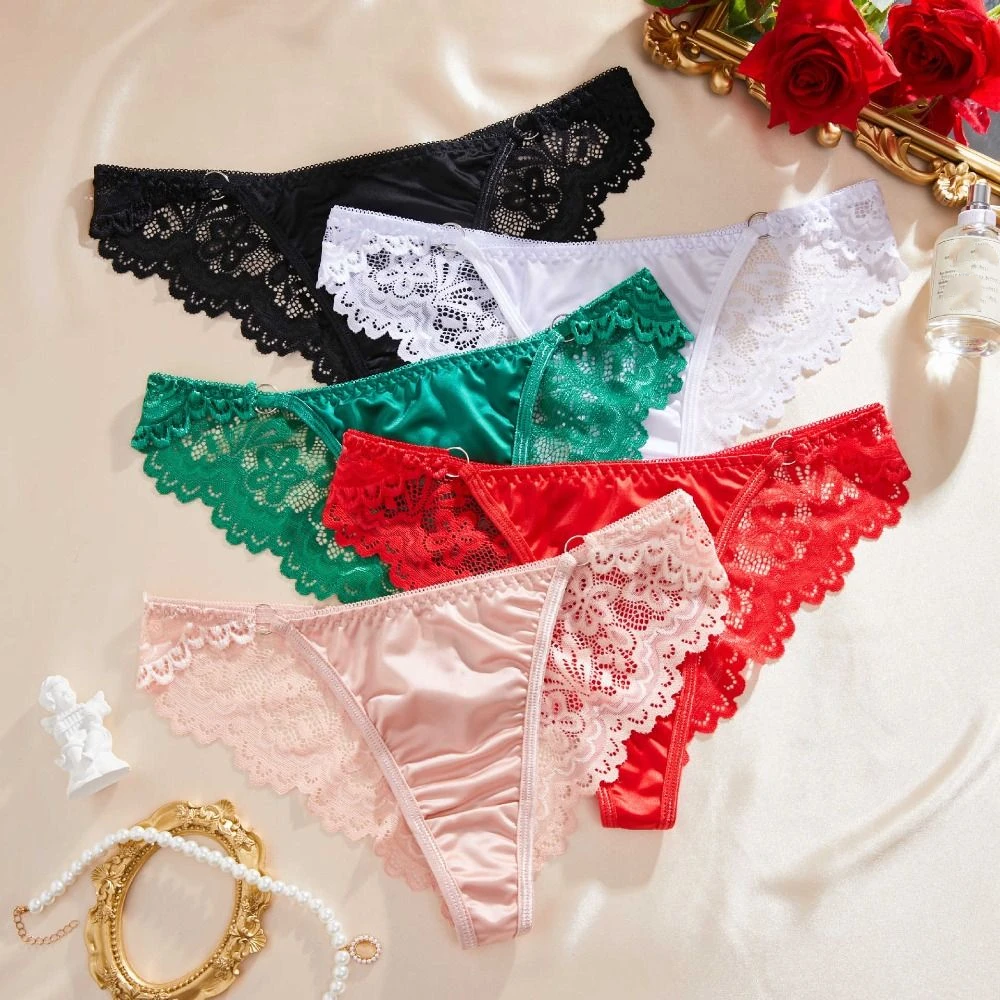Vintage Mesh Satin Silk Panties Seamless Hollow Out Lace Flower Briefs Low Waist Solid Color Women's Underpants Lady
