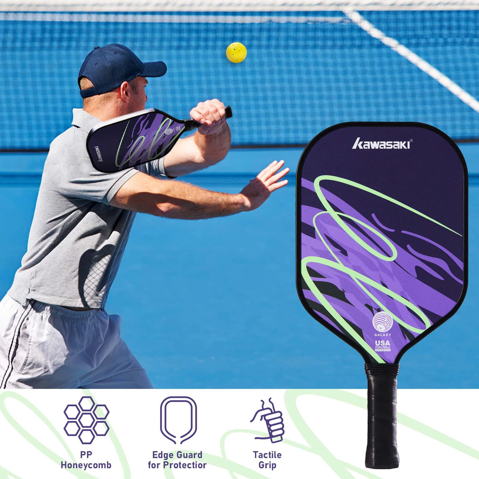 

Kawasaki Pickleball Paddle Durable PP Honeycomb Core Fiberglass Surface Pickle Ball For Men Women Beginners