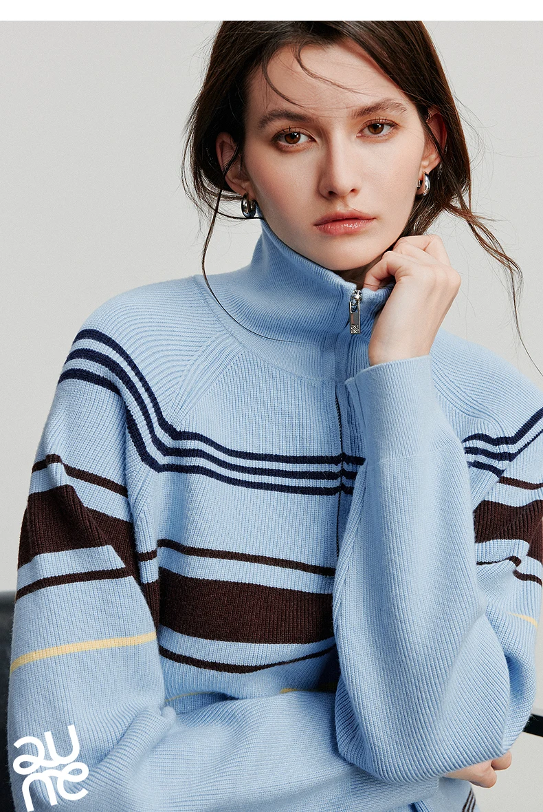 TOYOUTH Women Knitted Sweater 2026 Autumn New Fashionable Style Striped Zipper High Collar Woolen Pullover Sweater Tops