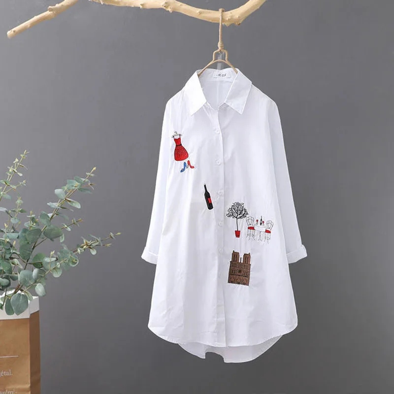 Fashion Lapel Loose Embroidery Irregular Shirt Female Clothing 2023 Autumn Winter Oversized Casual Tops Asymmetrical Blouse