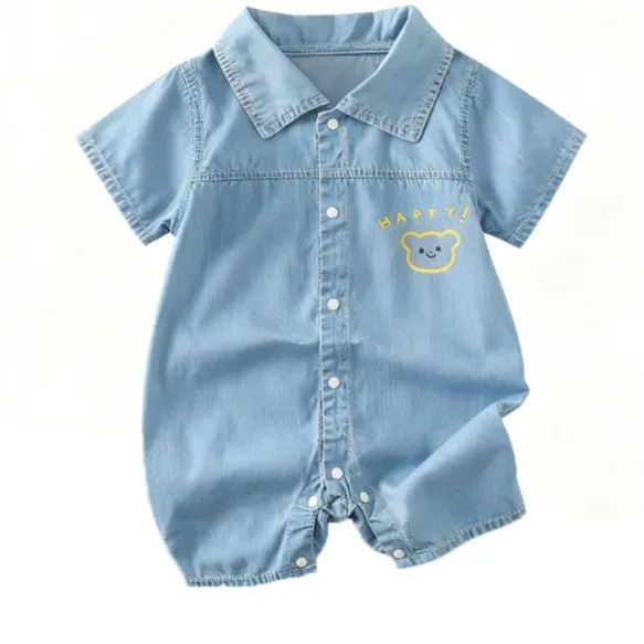 Summer Baby Casual Foreign Style Lapel Bear Denim Baby One-Piece Short Romper