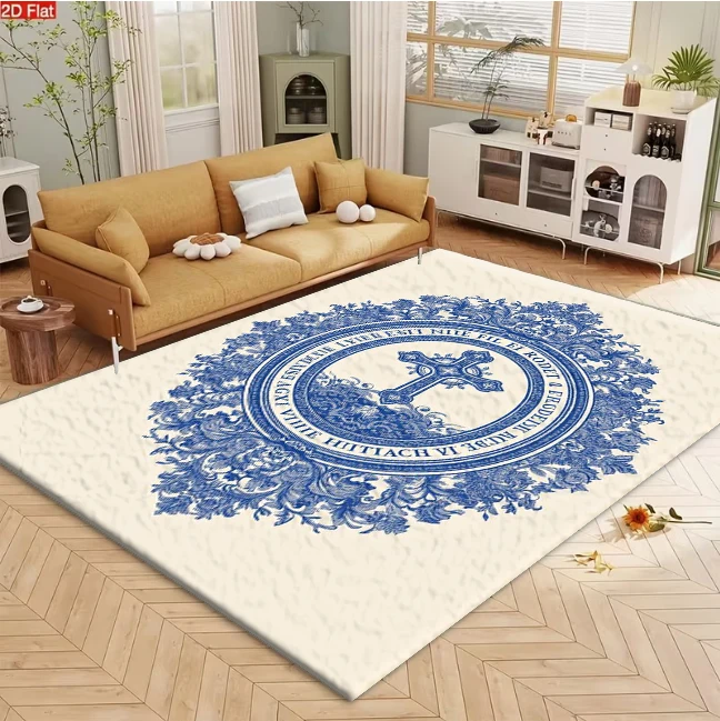 Vintage Blue Cross Floral Ornament Art Carpet Flooring Household Interior Decor Rug