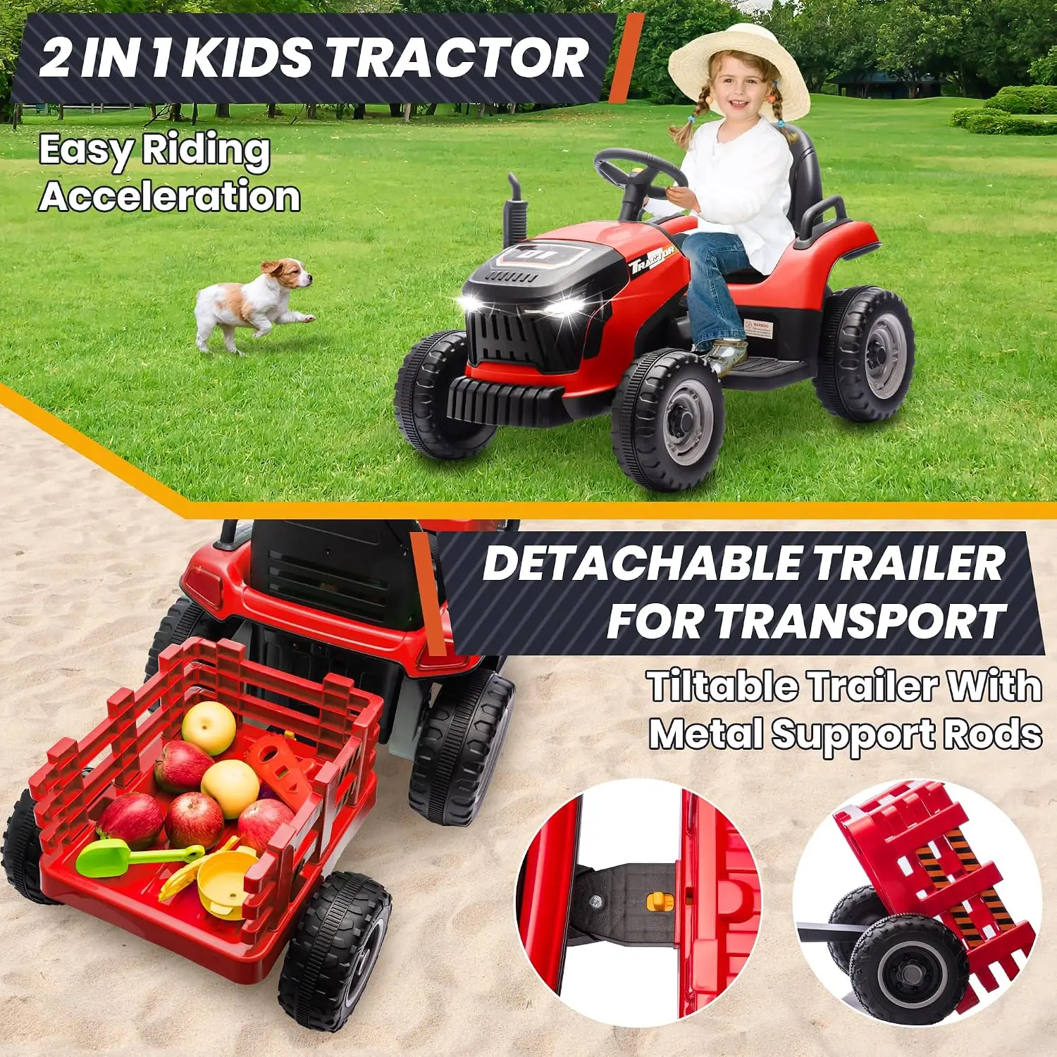24V Kids Ride On Toys Electric Tractor 400W Motors Tiltable Detachable Trailer Adjustable Seat Bluetooth Music Remote Control Re
