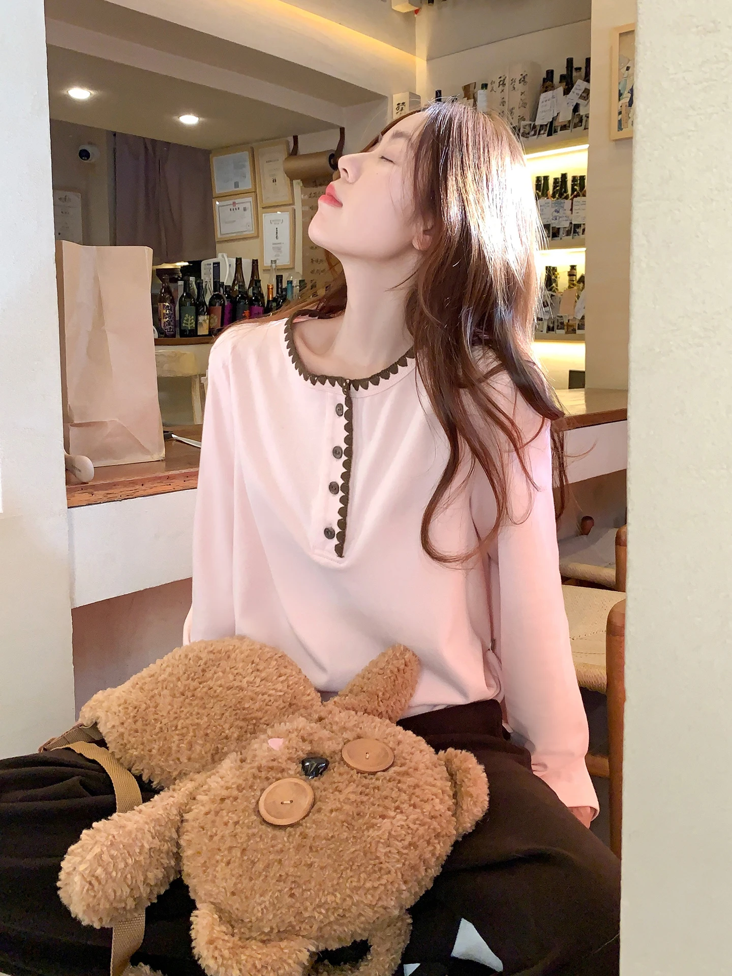 

Loose Long Sve Women's T-irt Pink Korean Sle Inner Wear Base irt Waist Cinching Design Autumn Winter New Sle