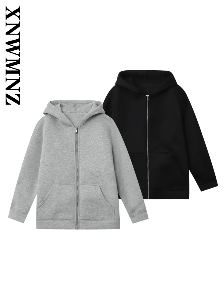 

XNWMNZ 2025 Summer New Woman Simple Chic Long Sleeve Hooded Collar Long Sleeve Top Fashion Lady Coat Casual zipper Pockets Top