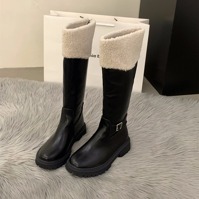 Winter Women Knee High Boots Fashion Short Plush Knight Long Booties Concise Thick Heel Cotton Shoes