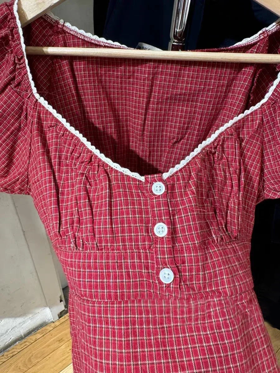 Women Red Plaid Lace Trim T-Shirt Blouse Three Buttons Square Neck Short Puff Sleeve Cotton Tshirt Summer Sweet Crop Tops Y2k image 5