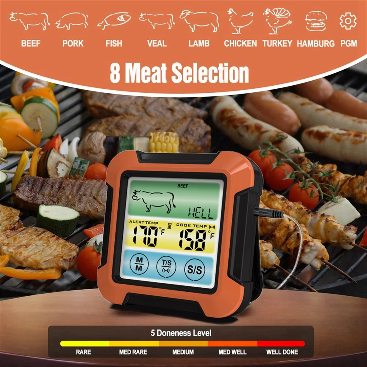 BBQ Cooking Food Thermometer Waterproof BBQ Oven Meat Cooking Grill Thermometer with Temperature Alarm for Cooking