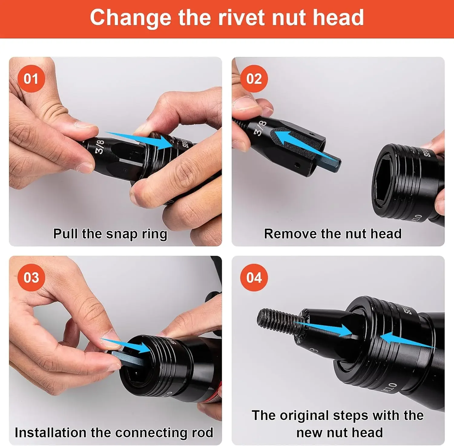 Rivet Nut Gun with 10-24 & 1/4 & 5/16 & 3/8 Self-Locking Head, Adjustable Speed Air Rivet Gun, Air Rivet Nut Tool Kit