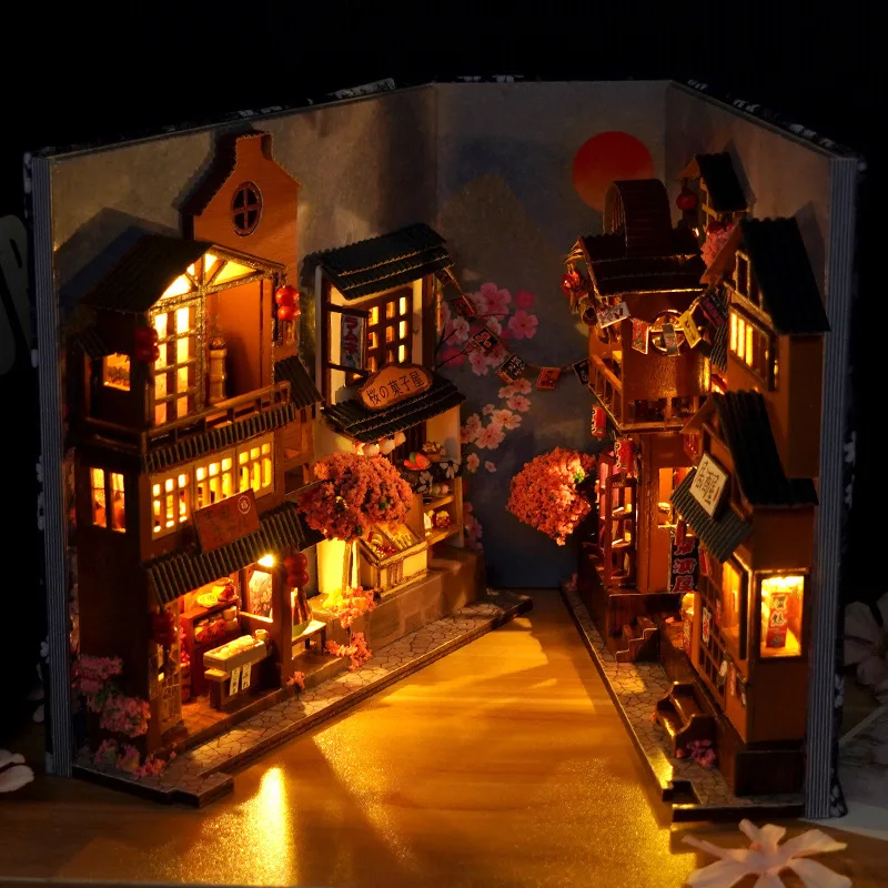 DIY Book Nook Insert Kits Japan Style Wooden Doll House Figurine Mini Building Bookend Bookshelf Room Decor Assembly Model Gift