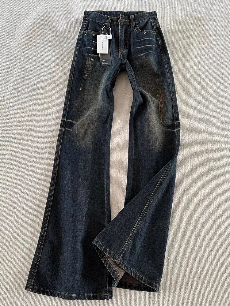 

Cleanfit Water Wa Blue ey Scratched Denim Jeans High Street Straight Leg Bell Bot for Men And Women Autumn Season