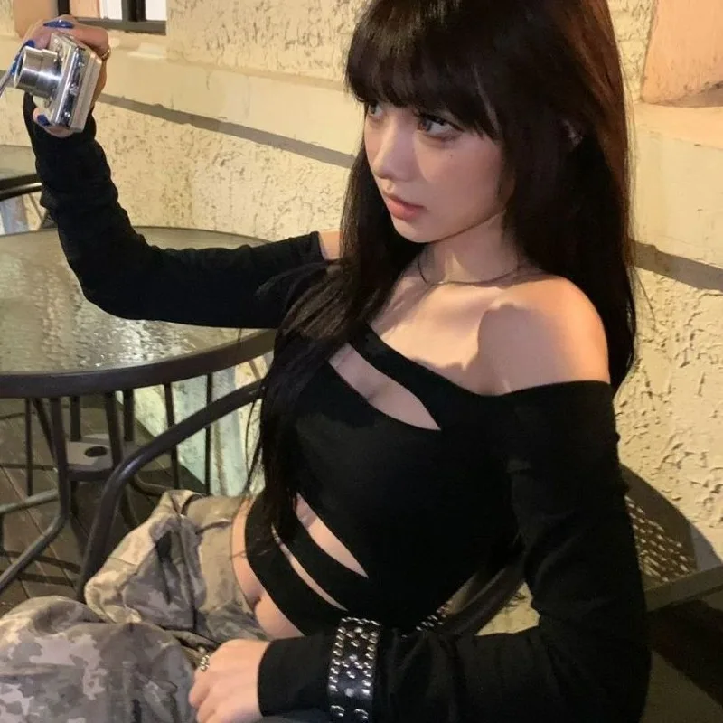 

Deeptown Sexy Black Hollow Out Women Cropped T-Shirts Long Sleeve Off Shoulder Backless Slim Tees Y2k AestheticIrregular Gyaru