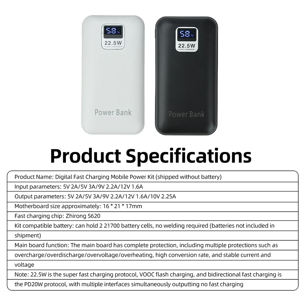 Superschnelles Laden 22,5W Powerbank DIY-Kit Tragbares lötfreies Gehäuse mit Digitalanzeige für 21700-Batterien – Detail 9