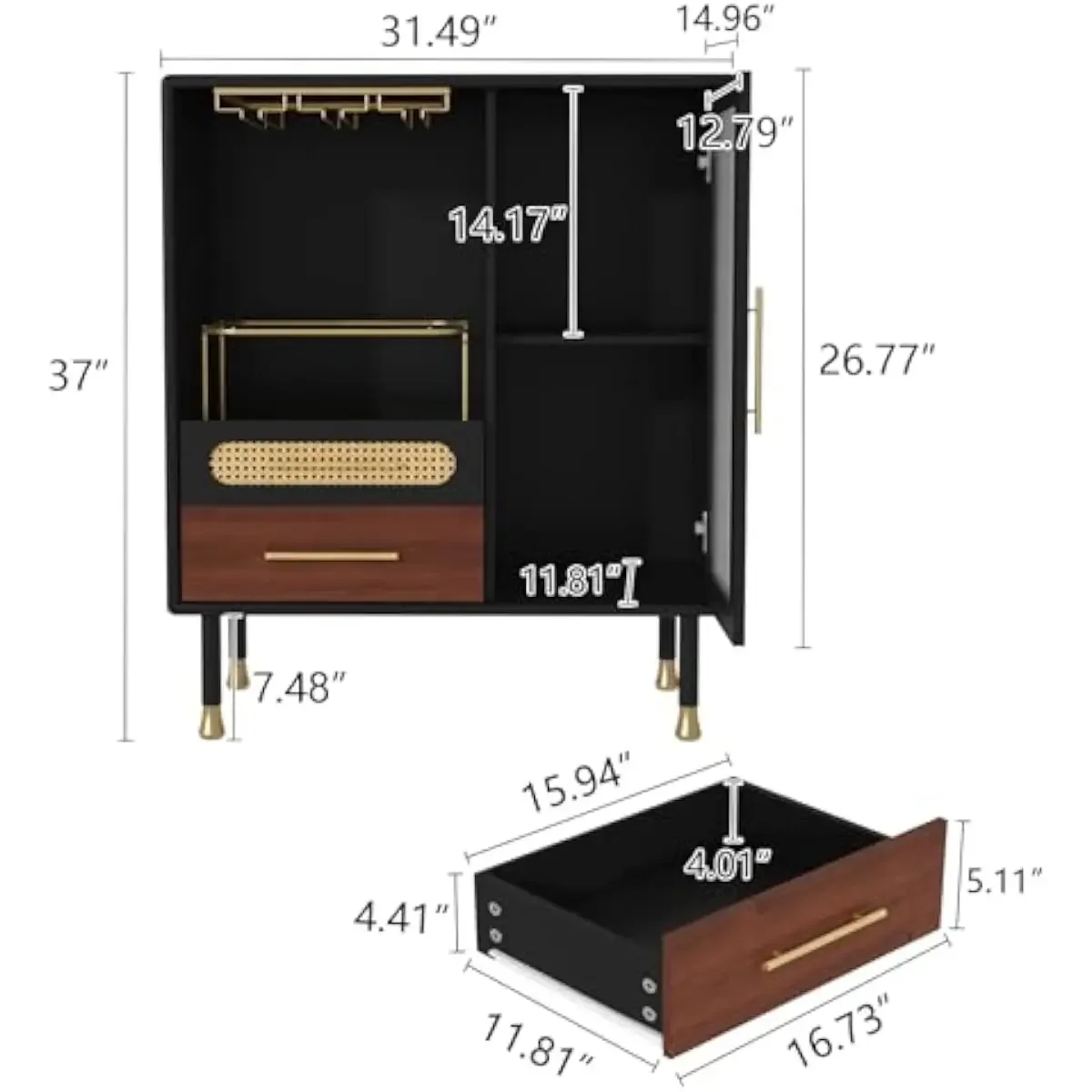 Modern Coffee Bar Cabinet with Pull-Out Wine Storage, 3 Stemware Racks, Tempered Glass Doors, P2 MDF, Space-Saving Design