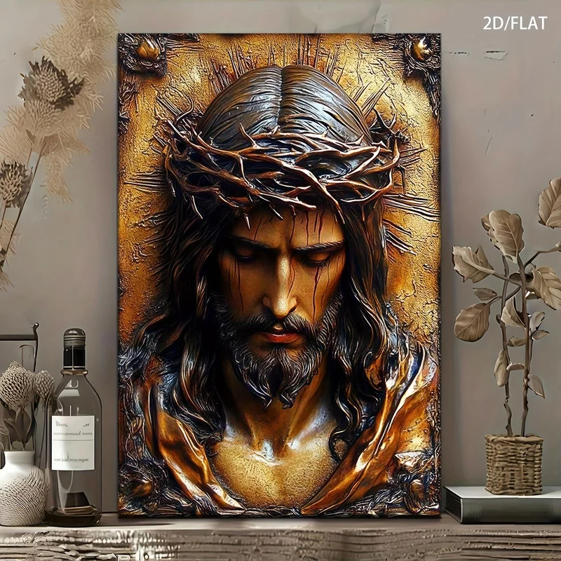 Two-dimensional flat paintings，1Wooden framed religious wall art——Vintage Icon Canvas Painting，Suitable for Living Room、Bedroom、
