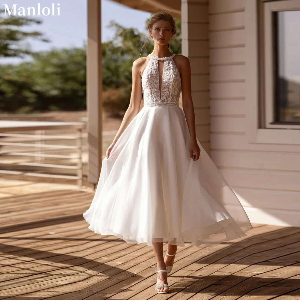 

Fashion Round Neck A-line Wedding Dress Sleeveless Lace Decal Ankle Length Bride Dress Beach Wedding Dress Customized