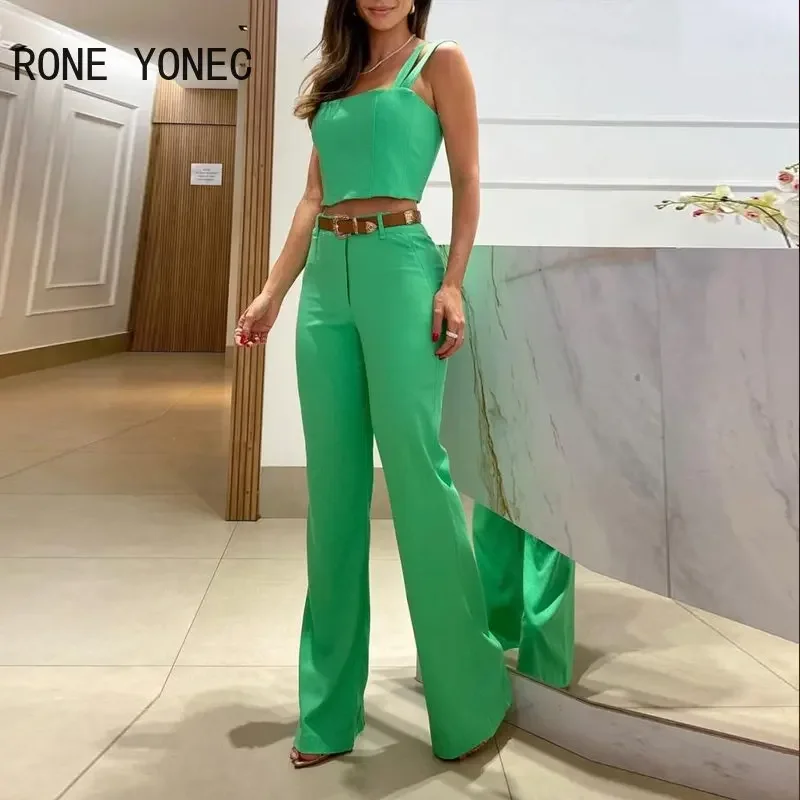 Women Fashion Solid Double Thick Straps Sleeveless Crop Top Long Straight Leg Pants Sets