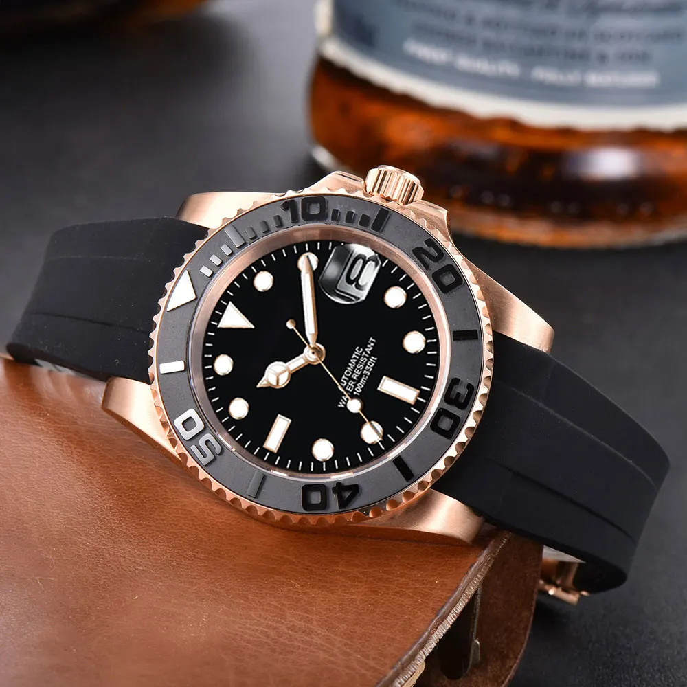 โลโก้ที่กําหนดเอง Luxury Sapphire คริสตัล NH35 Miyota อัตโนมัตินาฬิกา Rose นาฬิกาผู้ชาย 10Bar ว่ายน้ําวันที่ชายนาฬิกา