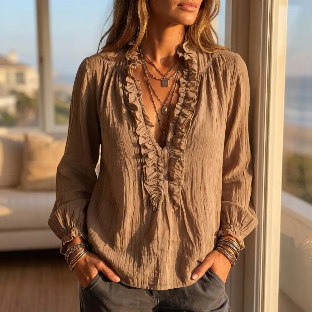 Elegant Autumn Shirt Women’s Ruffle V-neck Top Solid Color Long Sleeve Pullover Shirt Retro Pleated Blouse for Autumn Fashion