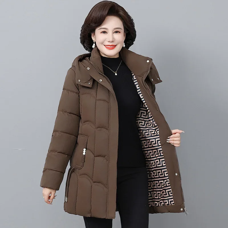 

Женские зимние утепленные куртки, хлопковая одежда для мам, стеганые пальто средней длины с капюшоном и карманами, женское пальто среднего возраста