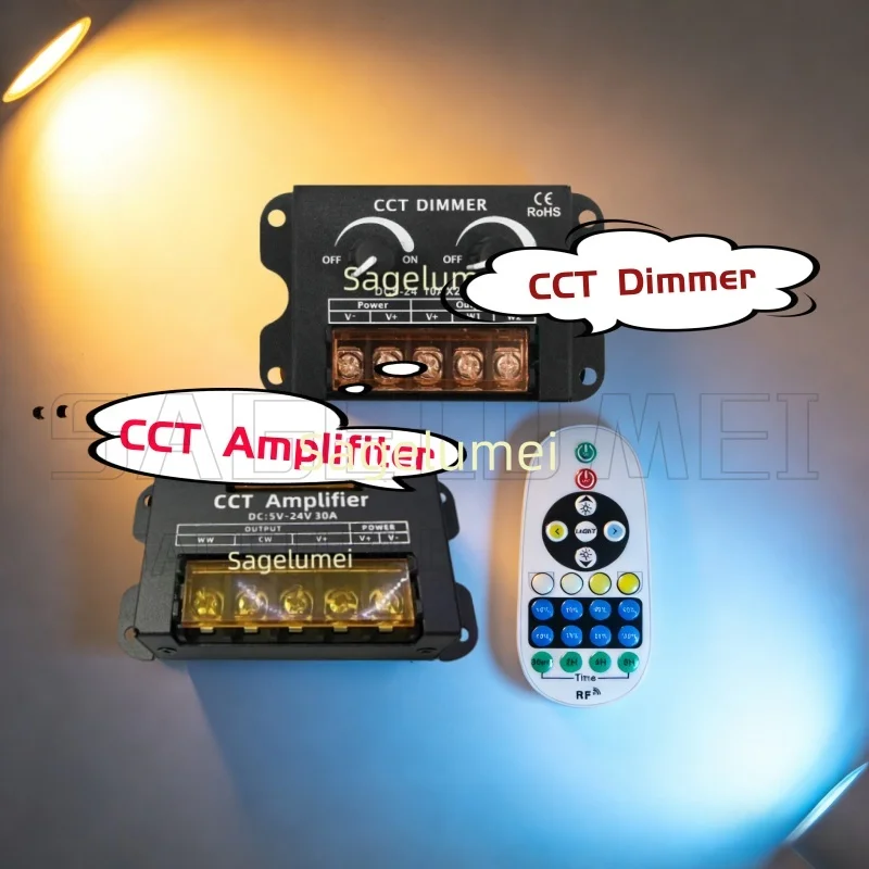 

Светодиодный усилитель с двумя регуляторами цветовой температуры (CCT) и диммером, двойной поворотный переключатель, DC5-24V, усилитель для светодиодных лент, повторитель сигнала для ламп WW/CW.