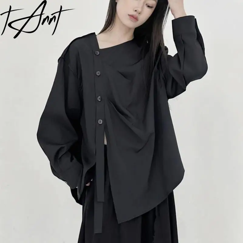 

Tannt Women Shirt Asymmetry V-neck Split Long Sleeves Cotton Casual Shirts Blouses Irregular Loose Long Blouses Tops 2024 New