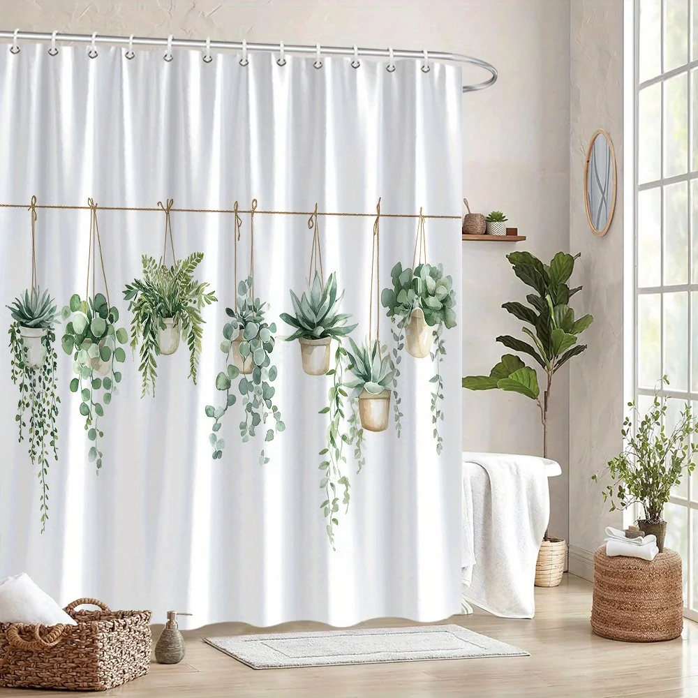 Hanging Plants Shower Curtain Green Succulents Potted Herbs Design Bathroom Decor Waterproof Curtains Boho Home Style