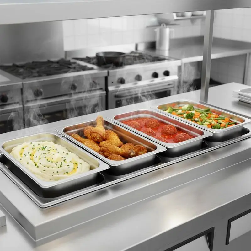 Ensemble de 4 récipients GN en acier inoxydable 53,7 x 33 x 9,5 cm avec couvercles 0,8 mm, récipients gastro rectangulaires polis miroir pour aliments chauds et froids, restaurant, traiteur, cuisine professionnelle, buffet, grill, stockage alimentaire, cuisine industrielle