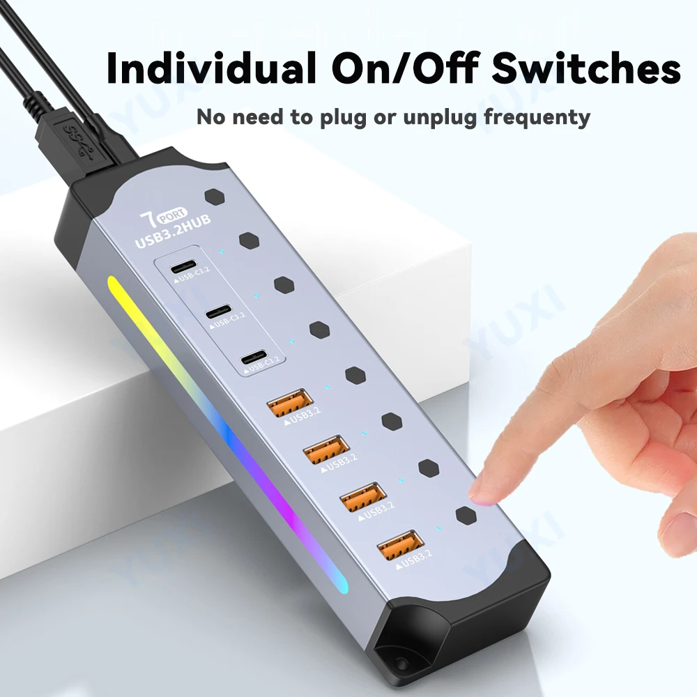 HUB USB 3.2 Gen 2 7 w 1 z zasilaniem, rozdzielacz USB 3.2 10 Gbps, HUB USB Typ A i Typ C z indywidualnymi przełącznikami, wieloportowy ekspander RGB do laptopa i komputera PC — zdjęcie produktu 2